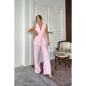 Conjunto de Pantalones y Chaleco con Detalles de Ribete Rosa y Cinturón para Mujer, Talla S - Product Image 6