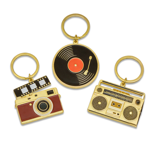 Vintage Camera & Music Metal Keychain Set | Gold Plated Zinc Alloy Custom Engraved 2.3Inch Low MOQ Enamel Collectible