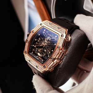 <span class=keywords><strong>OBLVLO</strong></span>-Reloj con esqueleto Tonneau para hombre, correa de goma de lujo, con bisel de diamantes de oro rosa, mecánico automático, a la moda, para hombre - Product Image 6