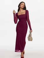 REORIA Robe longue formelle unie à manches longues pour invitée de mariage, automne, en maille transparente, col carré, froncée, taille empire, moulante, 2025