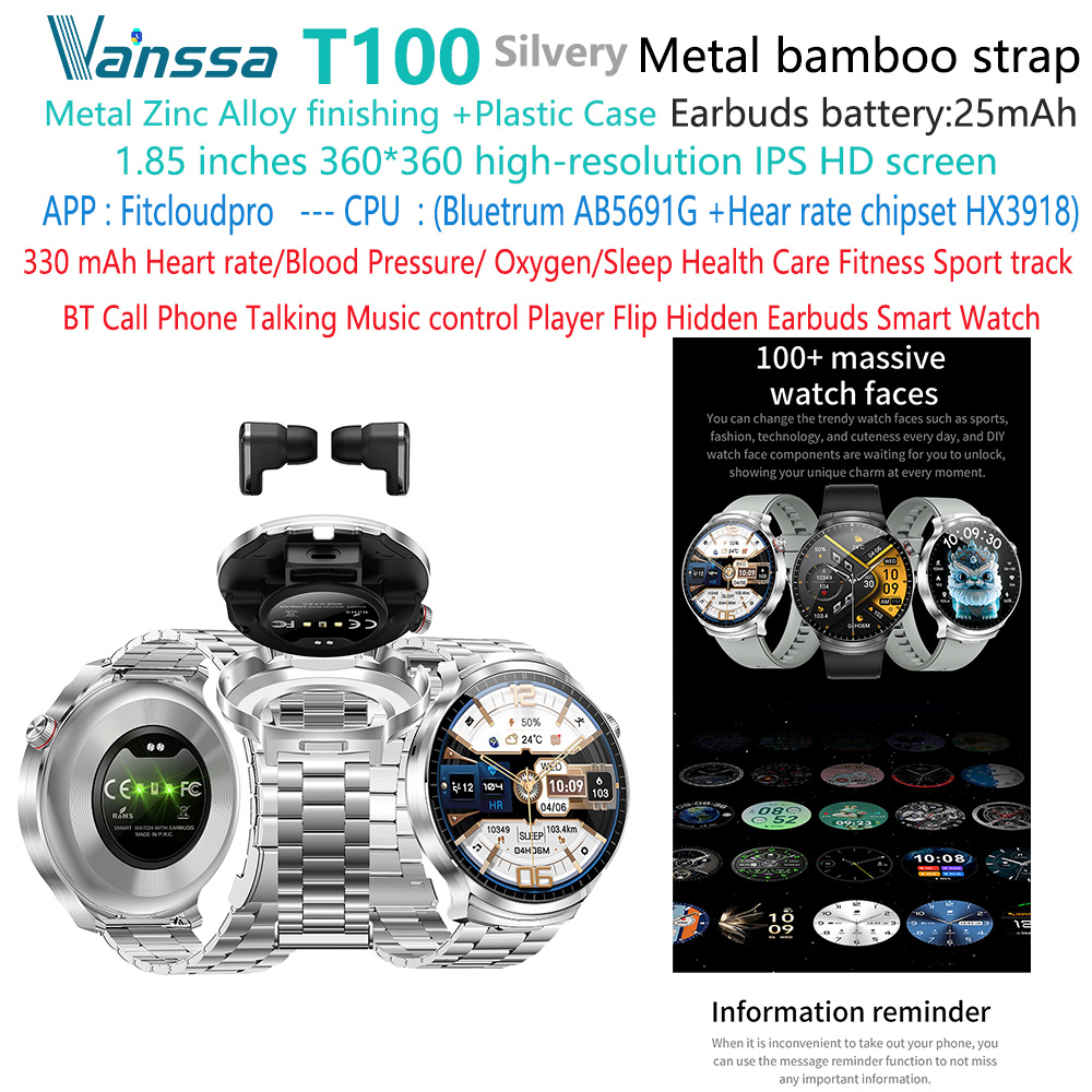 Reloj inteligente con auriculares T100 de acero plateado