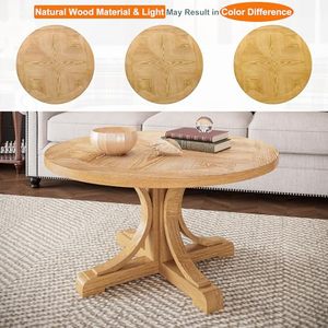 Nhà Bàn cà phê gỗ tròn với bệ cơ sở, bàn tròn trung tâm bằng gỗ với bàn gỗ nối - Product Image 3