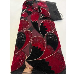 Nueva tela de encaje de <span class=keywords><strong>terciopelo</strong></span> bordado al por mayor de alta calidad con tela de tul de lentejuelas 5 yardas para vestidos de mujer nigerianos - Product Image 5