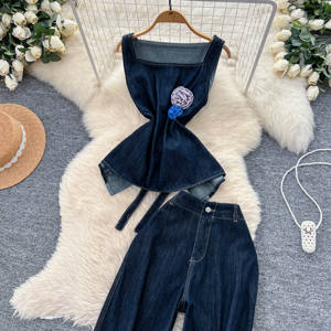 Conjuntos Casuales de Verano para Mujer: Top Túnica con Lazos y Conjunto de Mezclilla 3D de Cintura Alta, Trajes Deportivos al por Mayor - Product Image 2