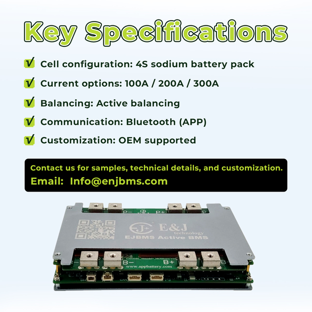 ENJBMS 4S 12V Sodium Ion Bms 100A 200A 300A with Bluetooth Active Balancing for RV, Marine, Solar System