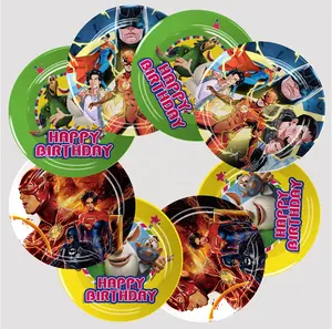 Hot Selling Custom Portable Superhero Cartoon Polyester Round Frame Picture Paper Plate Party Tableware In Stock