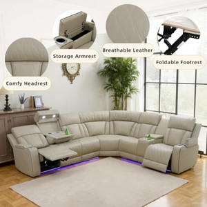 Sofá Seccional Reclinable de Cuero con Movimiento Eléctrico, Asientos para Cine en Casa, Consola de Alimentación Inalámbrica USB para el Hogar - Product Image 4