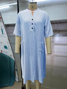 Abito da donna in lino di cotone da donna a mezza manica lunga a V con motivo Patchwork a tre bottoni - Product Image 6