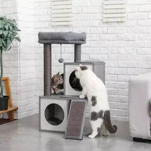Modern Cat Tree Wooden Cat Tower With Sisal Scratching Post Climbing Ladder Grey