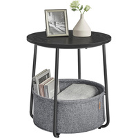 Petite table d'appoint ronde, table de chevet moderne avec panier en tissu, blanc mat et brun camel