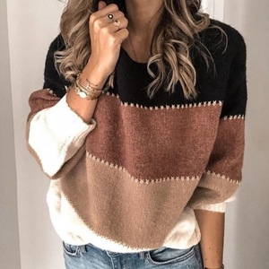 Herbst-Winter Damen-Pullover mit Farbblock-Design, Rundhalsausschnitt, Grobstrick, Locker Geschnitten, Überschnittene Schulter, Ziernaht-Detail, Gerippt, Gemütlich Weich - Product Image 3