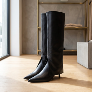Bottes hautes personnalisées à talon épais et bout pointu, avec fermeture éclair, en cuir noir, pour l'hiver, élégantes, pour soirée, rehaussant la silhouette - Product Image 3