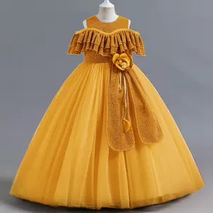Outong Quality Factory Supplier, Custom Personalized Stylish Yellow Tailing Baby Girls Dresses/