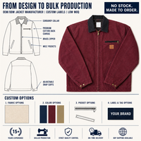 Veste de travail OEM vintage en toile délavée, col en velours côtelé de coton épais, poches zippées, manteau utilitaire robuste