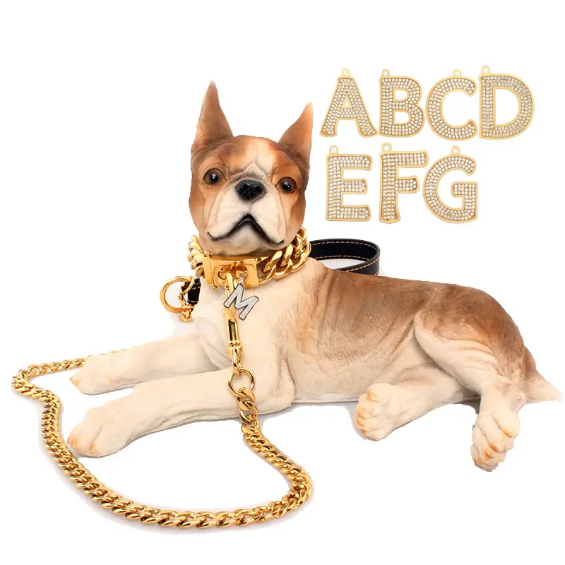 19 MM Custom Gold Chain Dog Collar Stainless Steel French Bull Dog Cuban Link Chain Dog Collar And Leash Set With ID Tag