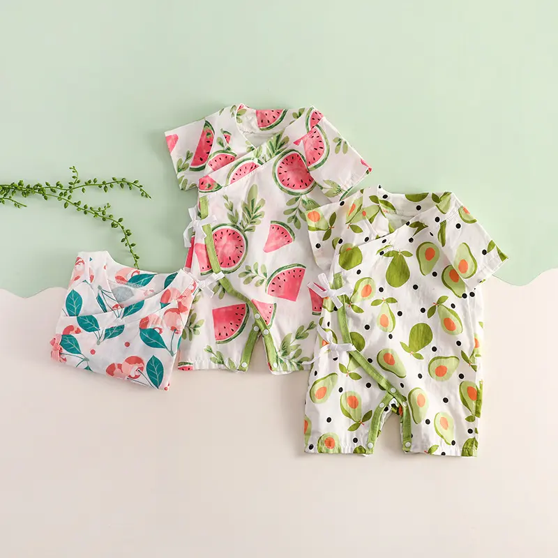 Green Horizen Baby Summer Clothes Style 100% Soft Cotton Thin Double Layers Muslin Romper Baby Pajamas With Hat For Baby Girls