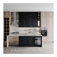 Ensemble complet d'ameublement de cuisine moderne scandinave noir, armoires de cuisine modulaires en acier inoxydable et aluminium, bois massif