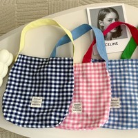 Tas Tote Selempang Kanvas Motif Kotak-kotak Kontras, Gagang Panjang Lipat, Kasual Simpel, Fashion Terbaru