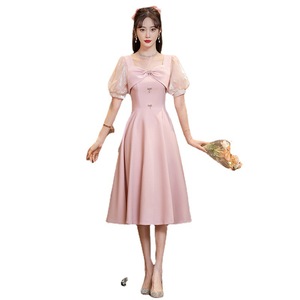 Pink A-Line Chiffon Bridesmaid Dress With Bow Sweetheart Neckline Mid-Length For Petite Women Summer Elegant Engagement Wear - Product Image 5