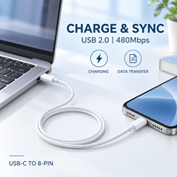 Kabel Data Pengisian Daya 20W PD USB C ke 8-Pin 3A TPE Lembut USB 2.0 480Mbps 1M 1.5M 2M Grosir