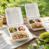 Boîte à clapet tendance en bagasse compostable et durable à 3 compartiments, conteneur biodégradable à charnière pour la restauration et le traiteur