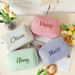 Custom Embroidered Striped Cotton Toiletry Bag Personalized European <b>Retro</b> Travel Cosmetic Storage Lightweight Durable Makeup - Product Image 1