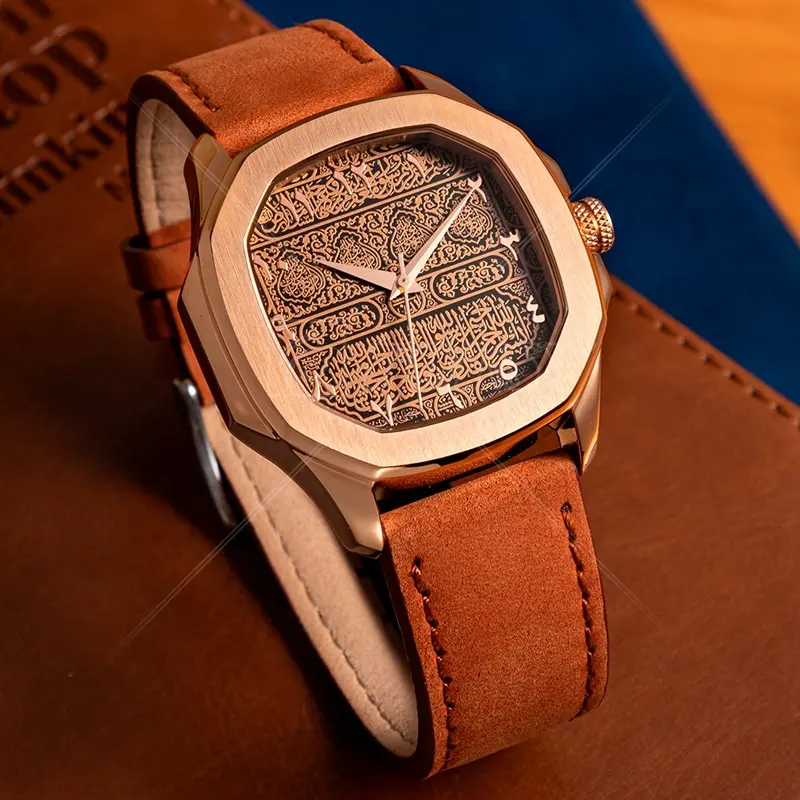 Hot Sale High Quality Gold Plated Genuine Leather Strap Fashion Stainless Steel Wrist Luxury Square Men Quartz Watch