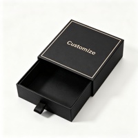 Boîte à tiroir noire de luxe avec logo personnalisé, estampage à chaud doré, boîte cadeau rigide en carton avec ruban de tirage pour bijoux