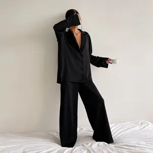 Oversize Satin Silk Sleepwear Low Cut Sexy Pajamas For Women Single-Breasted Long Sleeves Wide Leg Pants Trouser Suits