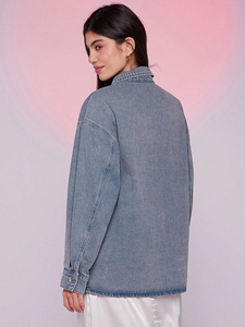 Chemisier en jean chic pour femme, style européen, avec motif diamant et dentelle florale, collection automne - Product Image 4