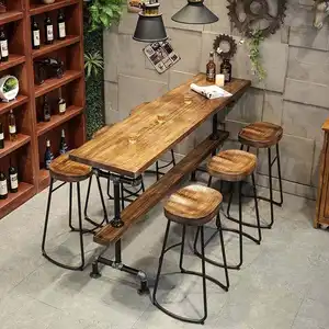 美式复古工业商业奶茶咖啡店酒吧高脚金属腿实木长条桌椅