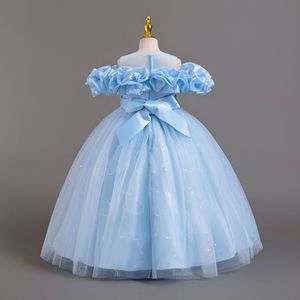 Vestido de Fiesta de Tul con Lazo de Perlas para Niña, Estilo Princesa, Hombros Descubiertos, para Cumpleaños, Bodas, Actuaciones - Product Image 5