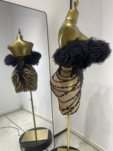 Abito da palcoscenico sensuale per gruppi femminili, nero, con top all'americana, gonna a sbuffo, in rete con strass, trasparente e traspirante, al ginocchio, per discoteca - Product Image 3