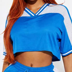 Women Cropped American Cheer Patchwork <b>Mesh</b> Fabric Practice Set Womens Boxy Crop <b>Top</b> College Football Jersey - Product Image 3
