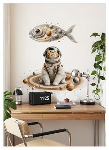 Adesivo Murale Animale Cosmico Cartoon: Gatto Astronauta e Pesce Spaziale Nebulosa, Decorazione Spaziale Adesiva per Stanza dei Giochi dei Bambini - Product Image 6