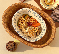 Ensemble de bols en céramique bleus à fleurs de style américain rétro pour salade/yaourt/soupe, design ovale type baignoire, idéal pour le camping