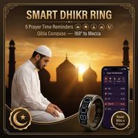 Bague connectée en acier inoxydable pour musulmans : Compteur de Zikr, Alarme de direction Qibla, Analyse du sommeil et de la santé par IA, Contrôle via application iOS