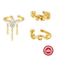 Glowluxe Manchette d'oreille en Argent Sterling 925 avec Zircon Cubique, Chaîne Papillon, Pendentif Gland, Anneau Ouvert, Clip d'oreille, Plaqué Or, Motif Feuille, Bijoux en Gros