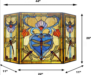 Stained Glass Fireplace <b>Screen</b> 3 Panels Floral Design Traditional Decor Blue Color Rectangle Shape Artistic Decoration 110*70CM - Product Image 4