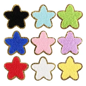 Chenille Star Iron On Patch Glitter Naai Patch Kleurrijke Gouden Rand Geborduurde Badge Voor Jas T-Shirts