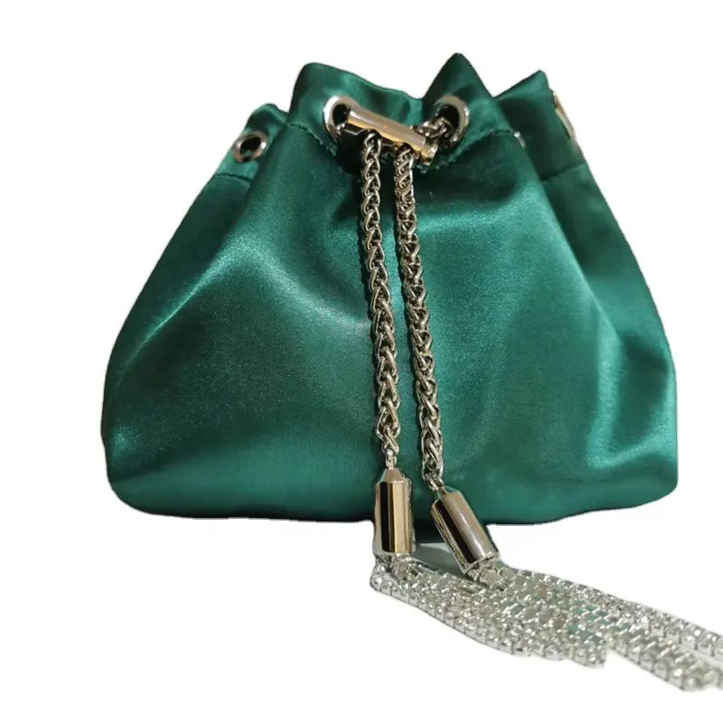 2023 Shenglu Real Factory Luxury Silk Satin Bucket Purse Handbag Cross body Bags with diamond tassel