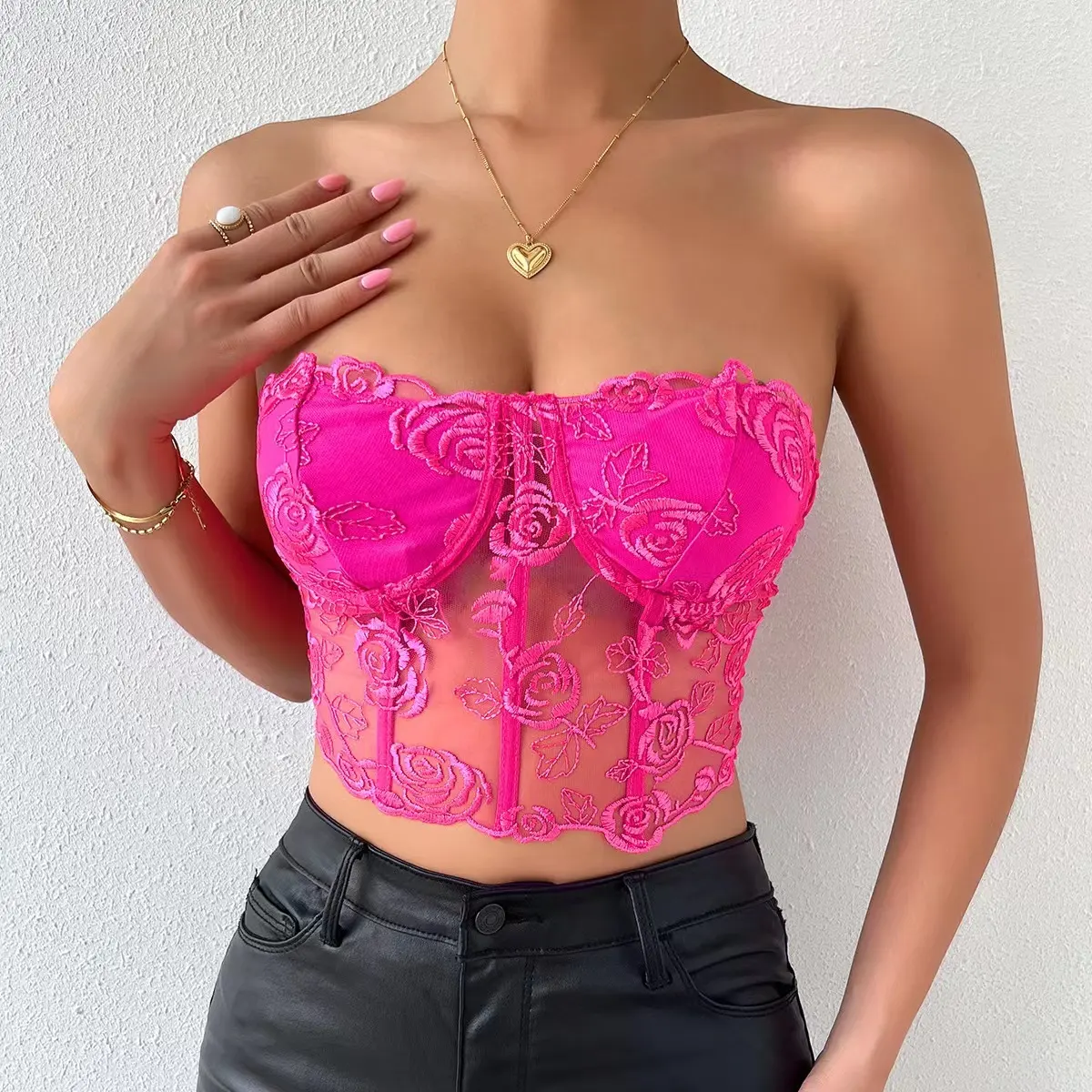 2023 Women Sexy Corset Top Lace Embroidery Floral See Through Off Shoulder Tank Tops Summer Mesh Strapless Backless Tube Top
