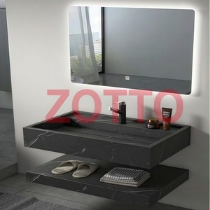 Meuble de salle de bain suspendu en pierre de marbre moderne avec miroir LED et lavabo en pierre, intégrant un meuble de luxe en dalle de roche - Product Image 3