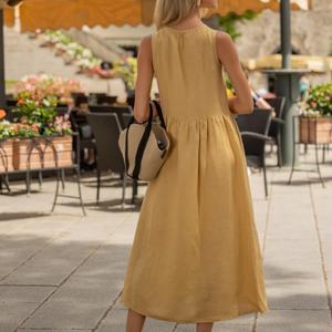 เดรสผ้าลินินเรียบง่ายแบบสั่งตัดสำหรับฤดูร้อนปี 2025 ทรงหลวม คุณภาพสูง ชุดเดรสยาวสำหรับผู้หญิง - Product Image 4