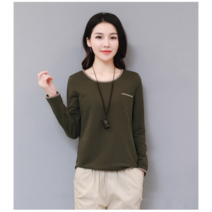 Women's Long Sleeve T-Shirt Army Green Loose Fit Round Neck Casual Top Knitted Fabric Simple Style Everyday Wear - Product Image 1