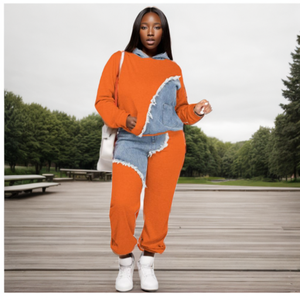 ชุดเซ็ต 2 ชิ้น เสื้อฮู้ดลำลองผ้าเดนิมต่อผ้าสไตล์ลำลองสำหรับฤดูใบไม้ร่วงและฤดูหนาว แฟชั่นสำหรับผู้หญิง - Product Image 6