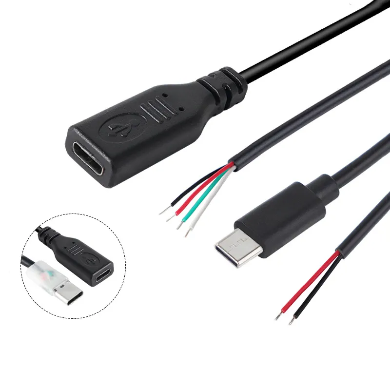 USB Type-C Pigtail Cable 2 Core 4 Cores Type-C Male Female to Bare Wire Open End Data Charging Cable 24awg 28awg