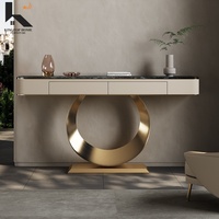 Console de couloir moderne avec plateau en pierre frittée marbrée, pieds en acier inoxydable et tiroirs de rangement