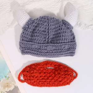 Viking guerrier bébé chapeau fait à la main tricot Crochet bonnet <span class=keywords><strong>casque</strong></span> nouveau-né photographie accessoire enfants chevalier - Product Image 2