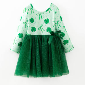 Pronto per la Spedizione, Disponibile in Magazzino: Abito da Festa per Bambine con Stampa Trifoglio di San Patrizio, Lunghezza al Ginocchio, Linea ad A, Verde in <span class=keywords><strong>Tulle</strong></span>, Maniche Lunghe - Product Image 2